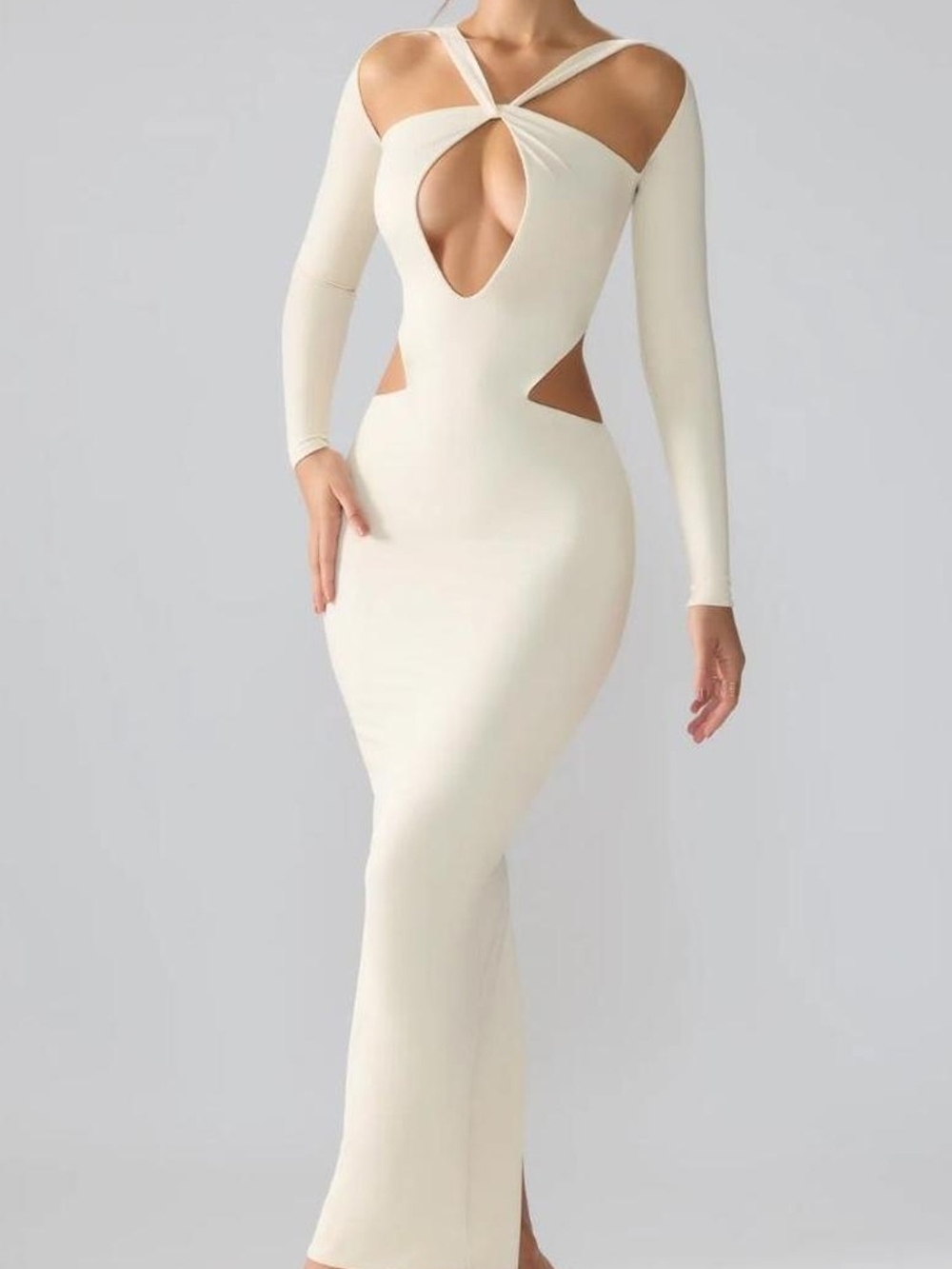 NWT Oh Polly Ivory Long Sleeve Cutout Twist Front Maxi Dress Size 6